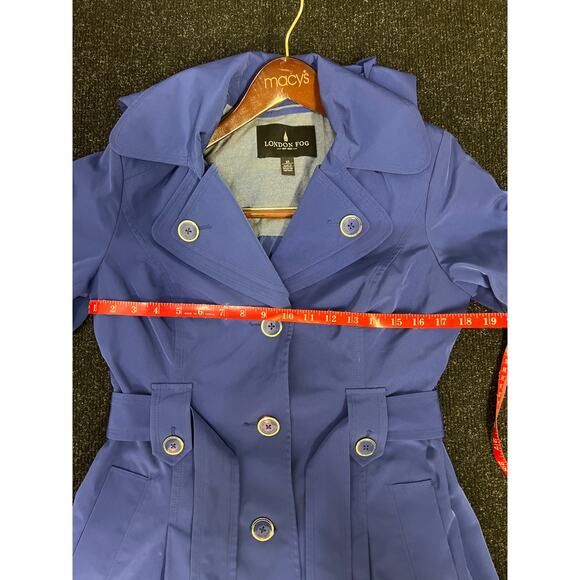 London Fog Woman’s Raincoat NWOT blue size XS belted button up removable hood - Picture 7 of 9